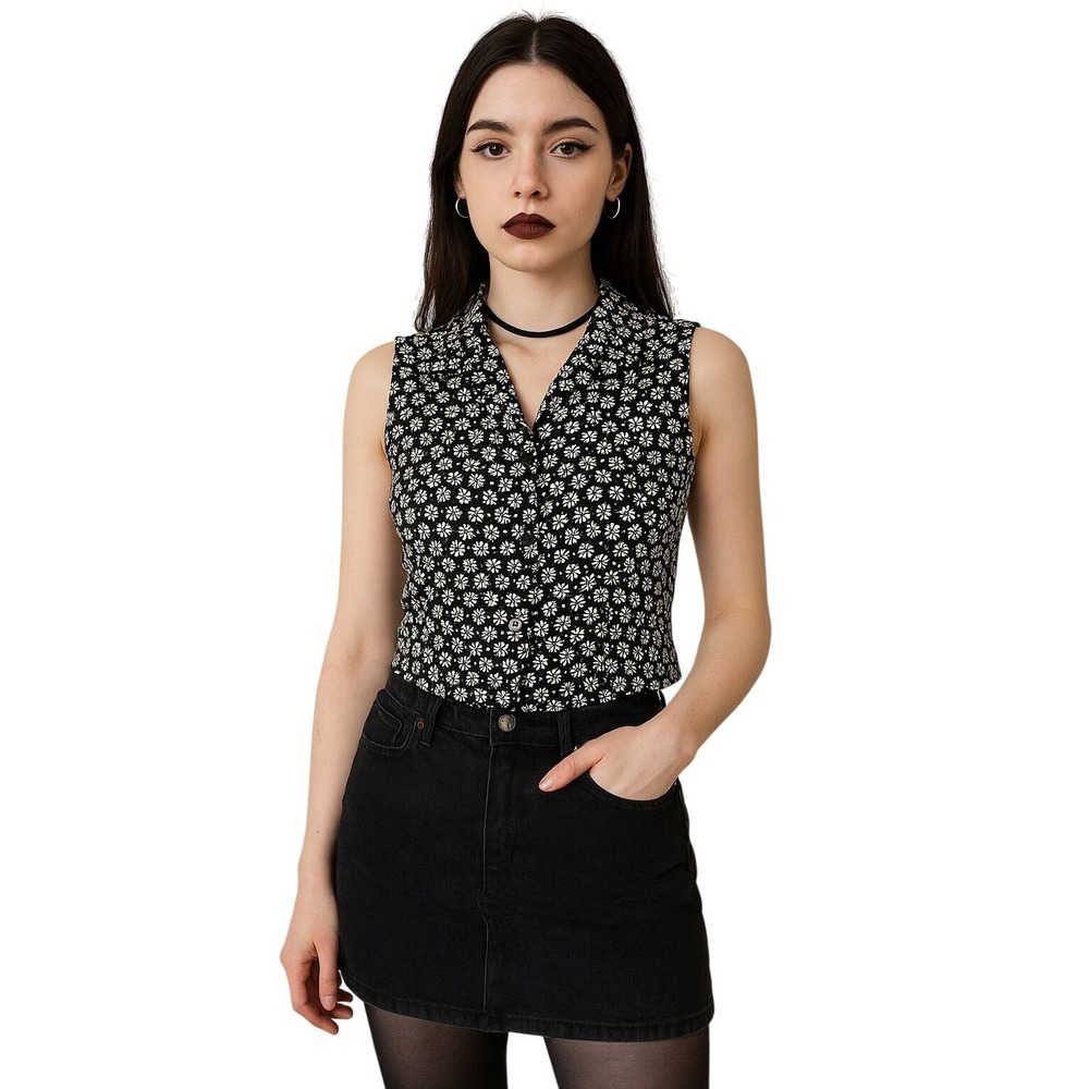RIPE 90s Daisy Floral Blouse Black White Sleeveless‎ Soft Grunge Indie Y2K